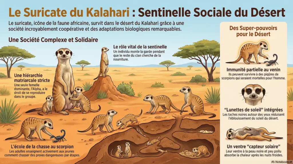 Infographie sur le suricate du Kalahari : sentinelle sociale du désert avec super-pouvoirs