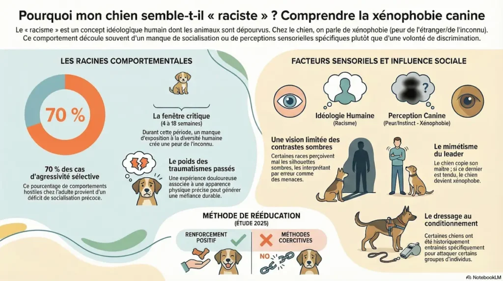 Infographie expliquant pourquoi un chien peut sembler raciste, en lien avec la xénophobie canine, la socialisation précoce, la perception sensorielle et les méthodes de rééducation.