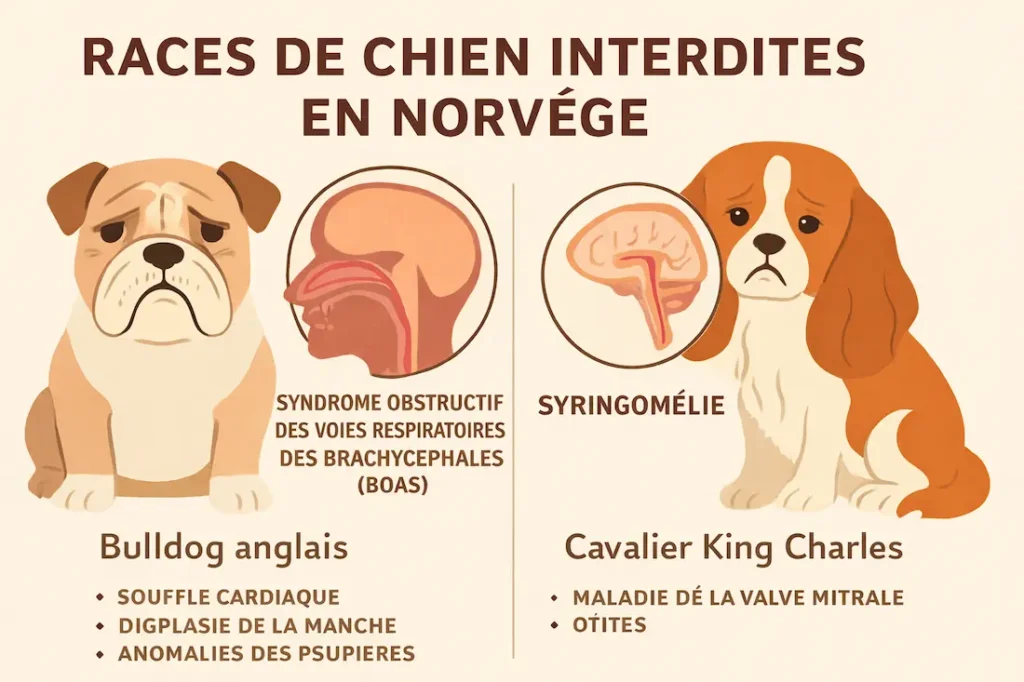 infographie montrant deux races de chien interdites en Norvège, le bulldog anglais et le cavalier King Charles, avec leurs principales maladies associées.