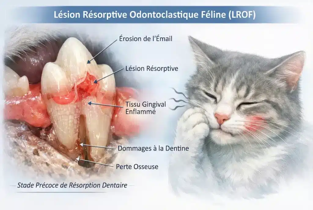 Infographie montrant des lésions FORL chez le chat avec atteinte de l’émail, de la dentine, inflammation gingivale et perte osseuse