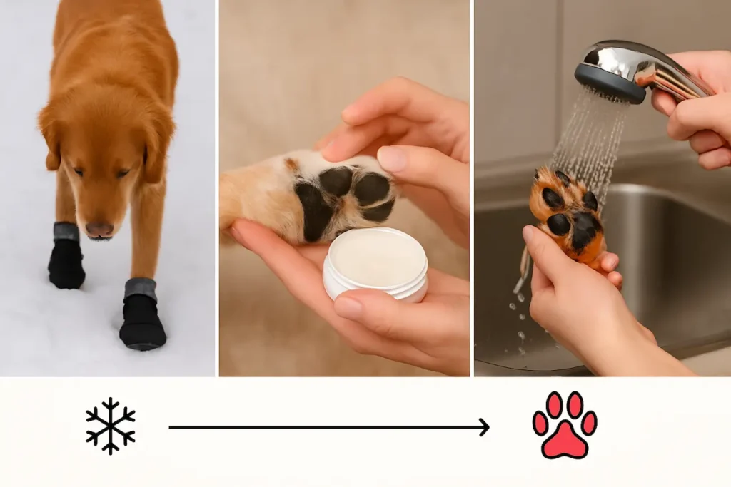 Prévention des brûlures des coussinets par le sel avec bottines, nettoyage et soin hydratant chez le chien.