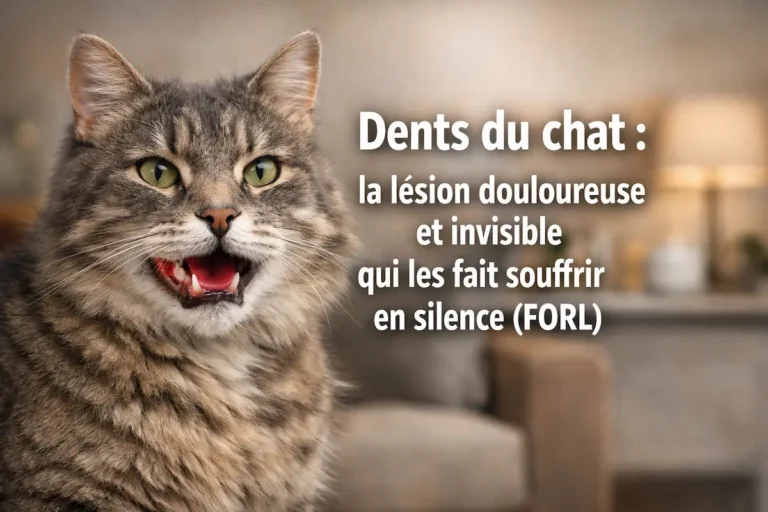 Chat adulte montrant une dent douloureuse, illustration de la résorption dentaire du chat (FORL).