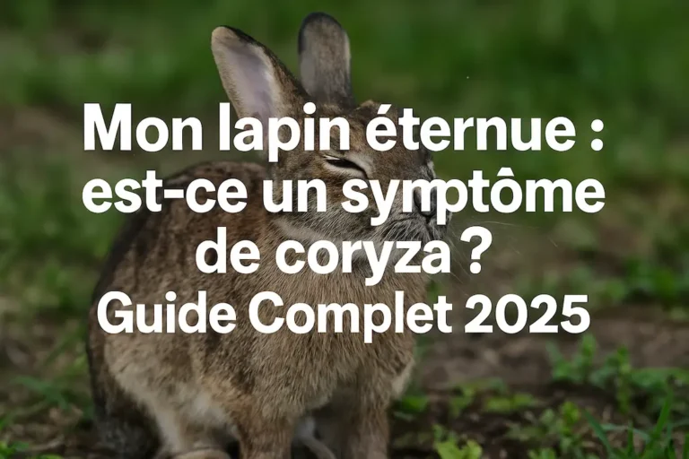 Photo d’un lapin avec texte indiquant « Mon lapin éternue », évoquant un possible symptôme de coryza.