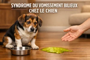 Chien assis devant une flaque de vomissement bilieux vert sur le sol, avec une main humaine tendue, illustrant le syndrome du vomissement bilieux chez le chien.