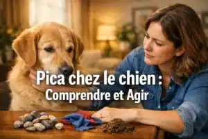 Chien adulte observé par sa propriétaire devant des objets non alimentaires illustrant le pica chez le chien.