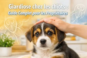 Chiot regardant la caméra, caressé par une main humaine, avec le texte « Giardiose chez les chiots : guide complet pour les propriétaires ».