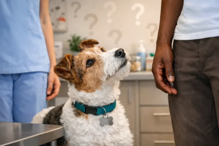 Chien de compagnie assis sur une table vétérinaire, regardant deux personnes debout de part et d’autre de lui pour illustrer l'article" mon chien est raciste"