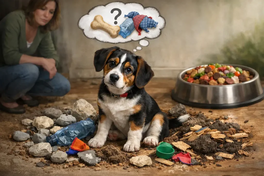 Chiot assis parmi des pierres, de la terre et des objets non alimentaires illustrant le pica chez le chien sous surveillance du propriétaire.