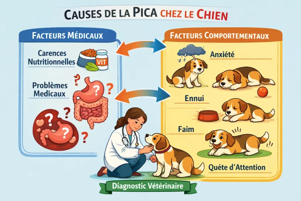 infographie présentant les causes du pica chez le chien avec facteurs médicaux et comportementaux.
