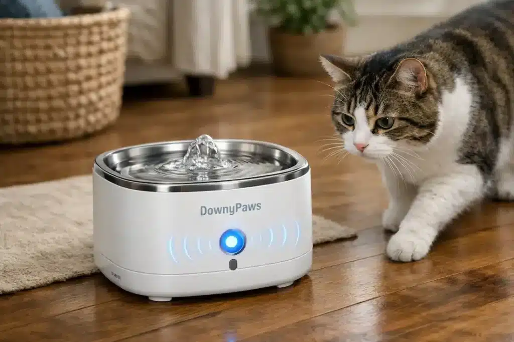 Chat observant une fontaine à eau DownyPaws blanche avec eau en circulation et voyant lumineux bleu, posée sur un sol en bois.