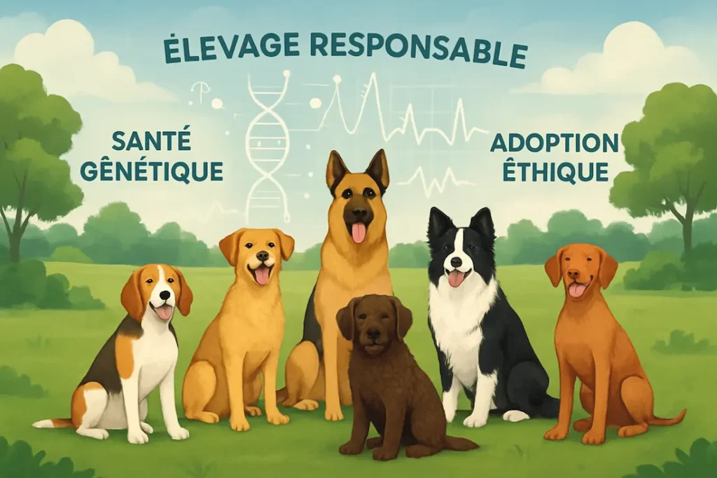 Illustration montrant plusieurs chiens de races variées dans un cadre naturel, associée aux notions d’élevage responsable, santé génétique et adoption éthique.