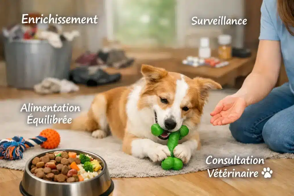 Chien mâchant un jouet devant une gamelle, illustrant la prévention du pica chez le chien par l’enrichissement et l’alimentation équilibrée.