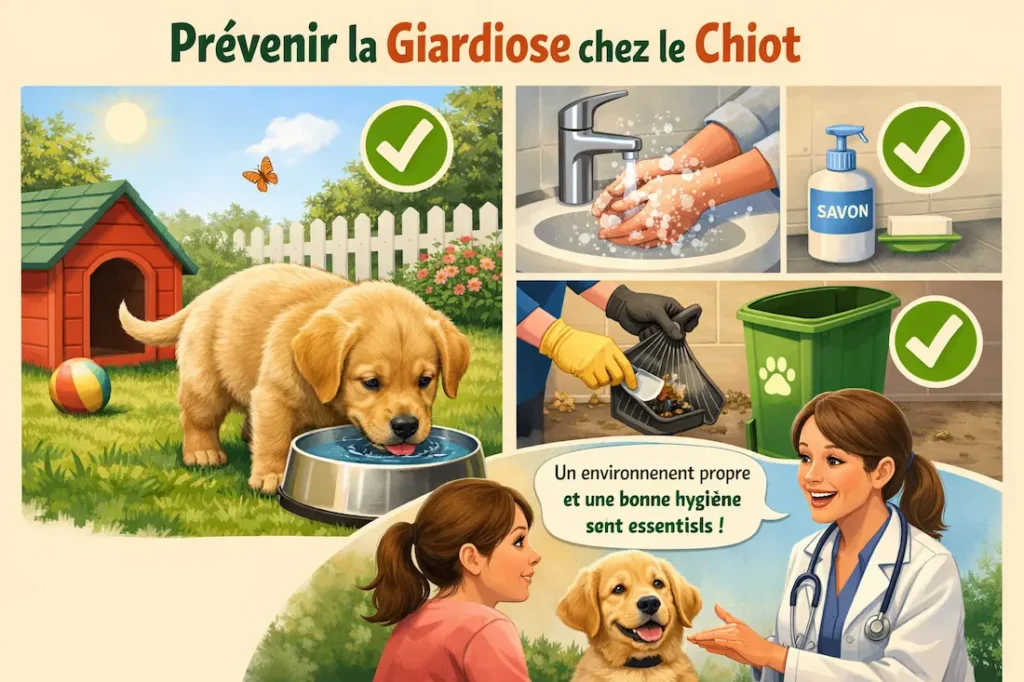 Infographie sur la prévention de la giardiose chez le chiot montrant l’hygiène, l’eau propre, le nettoyage de l’environnement et le suivi vétérinaire.