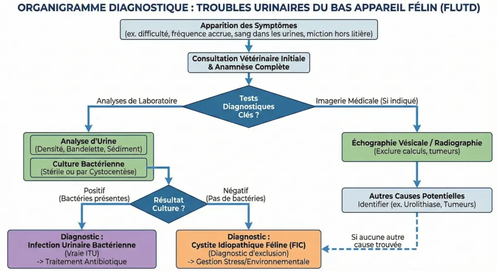 Organigramme de diagnostic des troubles urinaires chez le chat montrant les étapes cliniques, analyses d’urine, culture bactérienne et imagerie.
