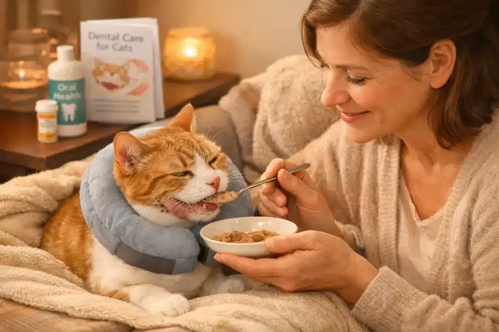 Chat nourri à la cuillère par une personne, illustrant les soins et le traitement FORL chez le chat.