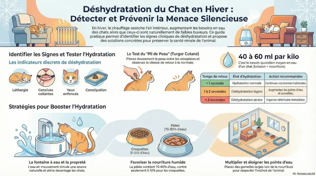 Infographie sur la déshydratation du chat en hiver montrant les signes cliniques, le test du pli de peau, les besoins en eau et les solutions d’hydratation.