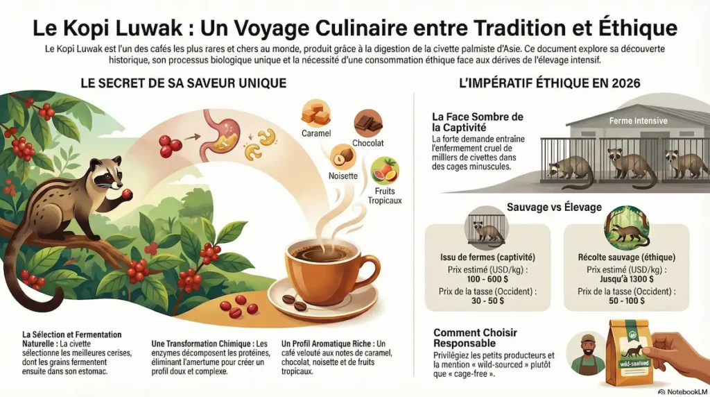 Infographie sur le café de civette Kopi Luwak montrant le rôle de la civette, le processus biologique, les arômes et les enjeux éthiques entre élevage et récolte sauvage.