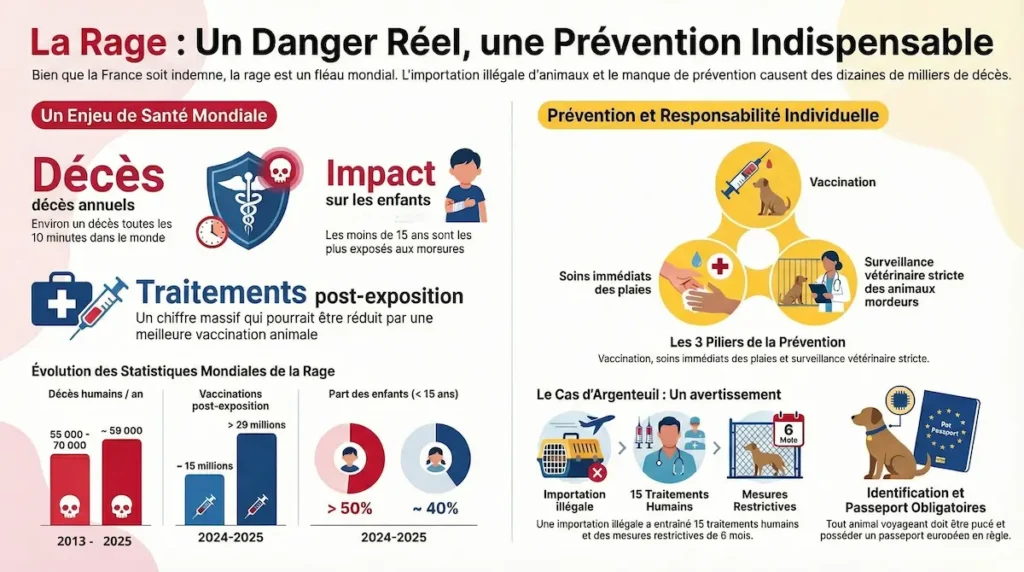 Infographie sur la rage présentant les enjeux de santé mondiale, la prévention, les statistiques et le cas d’Argenteuil lié à une importation illégale.