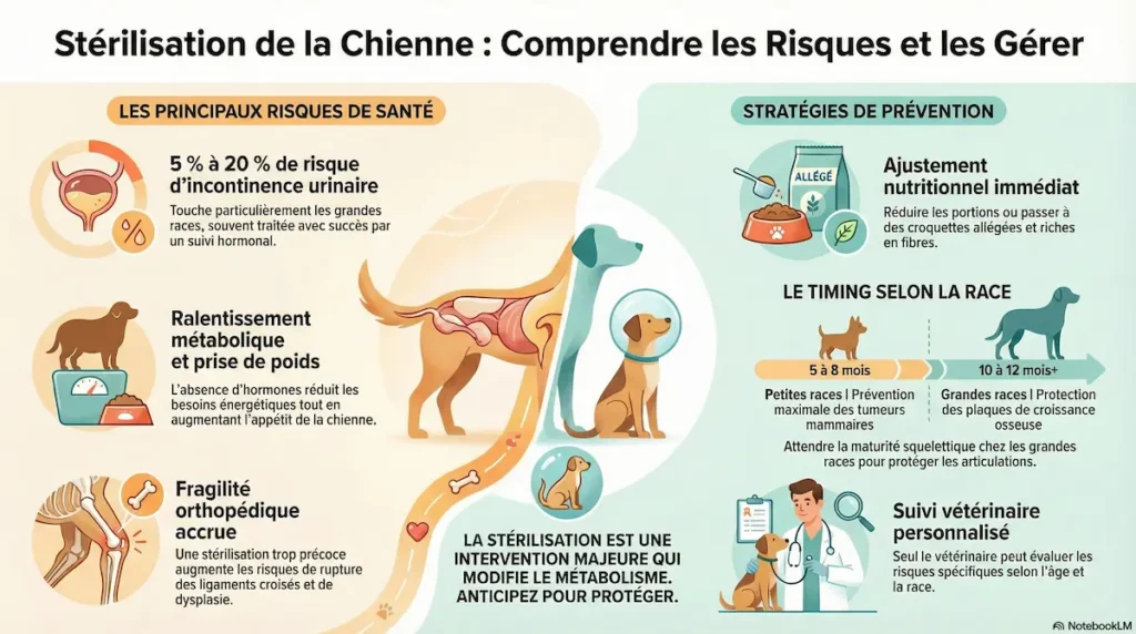 Infographie sur la stérilisation chienne inconvénients, présentant les risques de santé et les stratégies de prévention selon l’âge et la race.