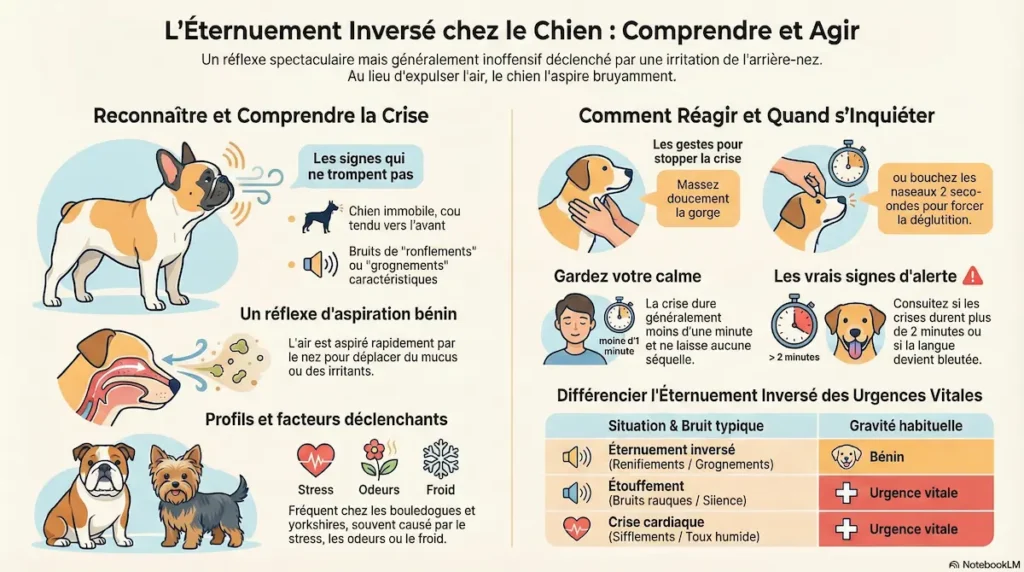 Infographie sur l’éternuement inversé chez le chien expliquant les signes, les causes, les gestes à faire et les situations nécessitant une consultation.