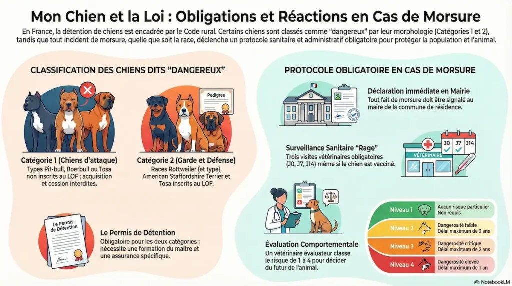 Infographie sur la morsure de chien et les obligations du propriétaire en France, montrant la classification des chiens et le protocole légal à suivre.