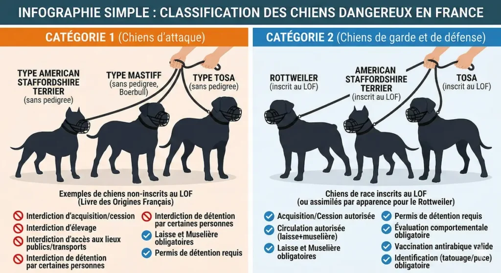 Infographie sur les chiens catégorie 1 et 2 en France, montrant les races concernées, les différences légales et les obligations de détention.