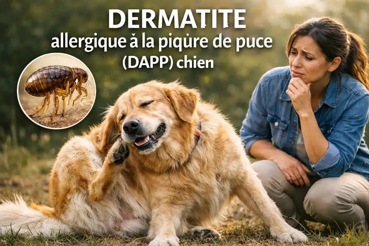 Chien se grattant intensément en extérieur, observé par sa propriétaire, illustration de la dermatite allergique à la piqûre de puce chez le chien.