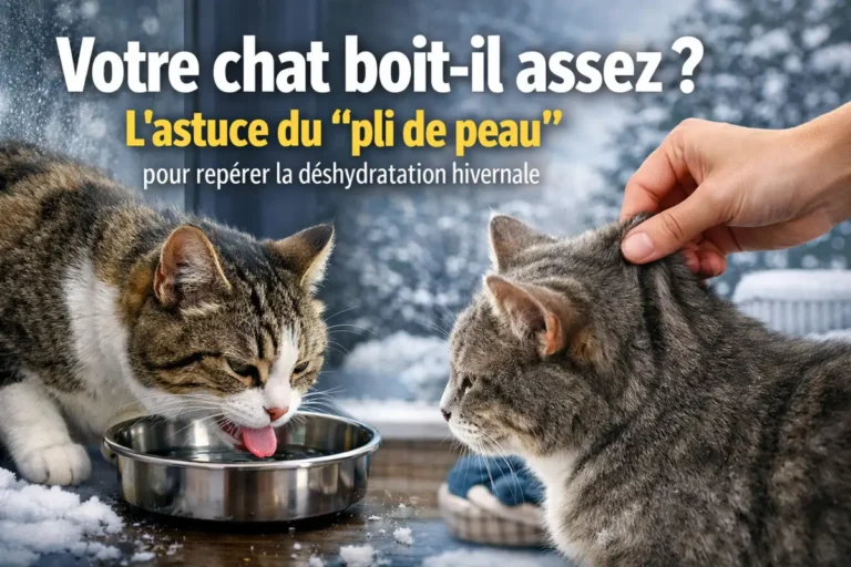 Chat buvant dans une gamelle pendant qu’une main pince la peau du cou, illustrant le test du pli de peau pour repérer la déshydratation du chat en hiver.