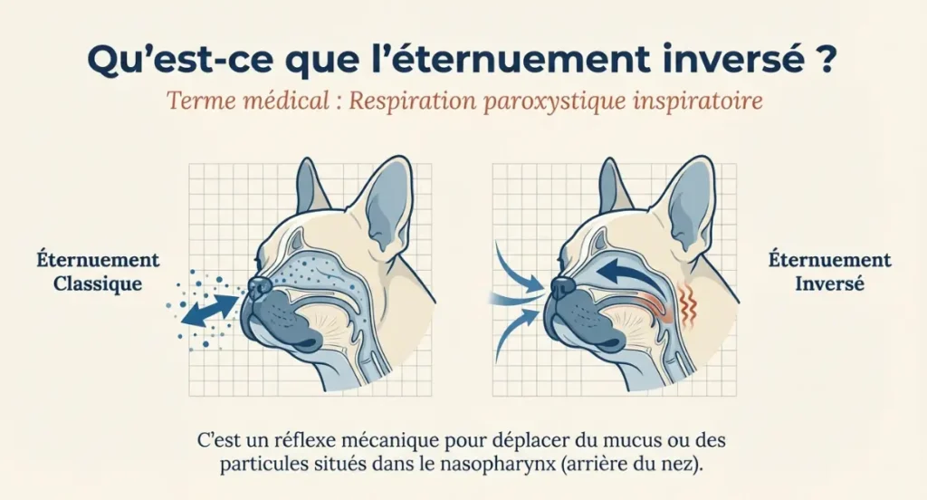 Schéma explicatif de l’éternuement inversé chez le chien, comparant l’éternuement classique et l’éternuement inversé avec le sens du flux d’air.