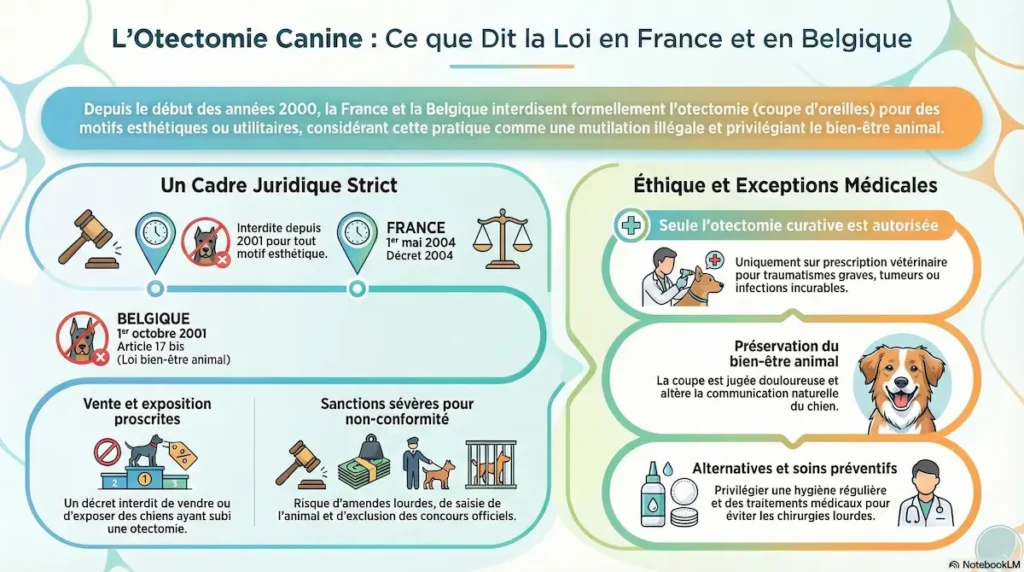 Infographie expliquant l’otectomie du chien, le cadre légal en France et en Belgique, les interdictions, les exceptions médicales et les sanctions.