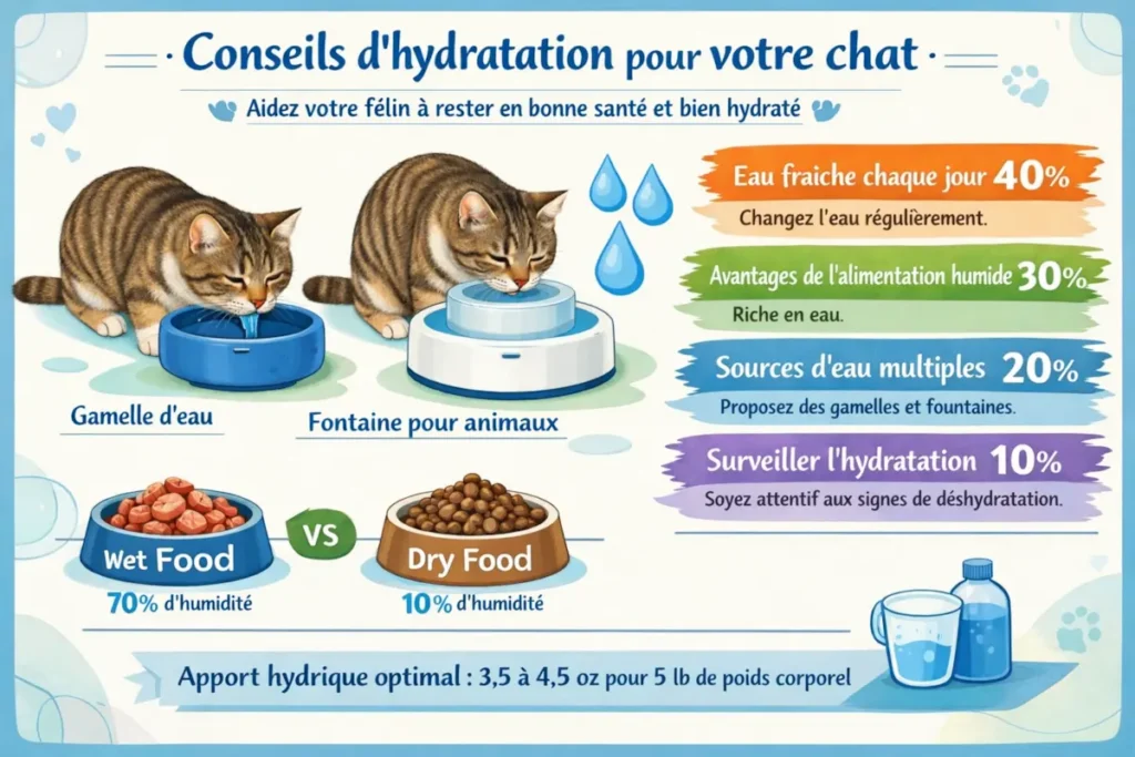 Infographie présentant des conseils d’hydratation pour le chat avec gamelle d’eau, fontaine pour animaux, alimentation humide et surveillance de l’hydratation.