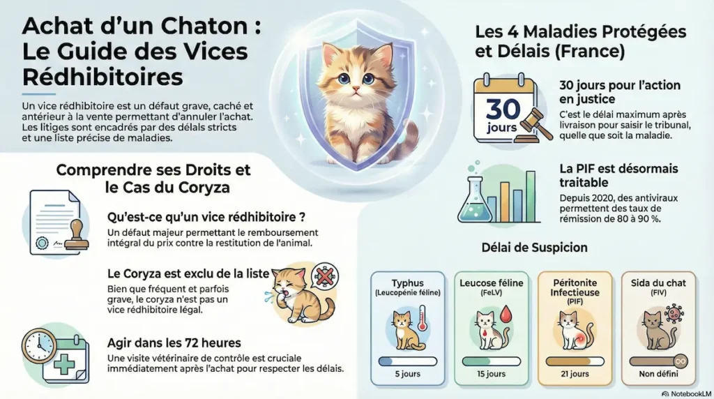 Infographie sur les vices rédhibitoires lors de l’achat d’un chaton en France, avec droits de l’acheteur, maladies concernées et délais légaux.