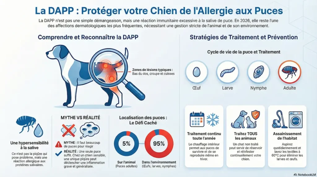 Infographie DAPP expliquant l’allergie aux puces chez le chien, avec zones de lésions, cycle de vie de la puce, mythes et stratégies de traitement.