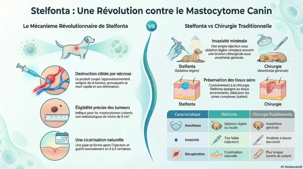 infographie expliquant le traitement du mastocytome canin par Stelfonta et sa comparaison avec la chirurgie.