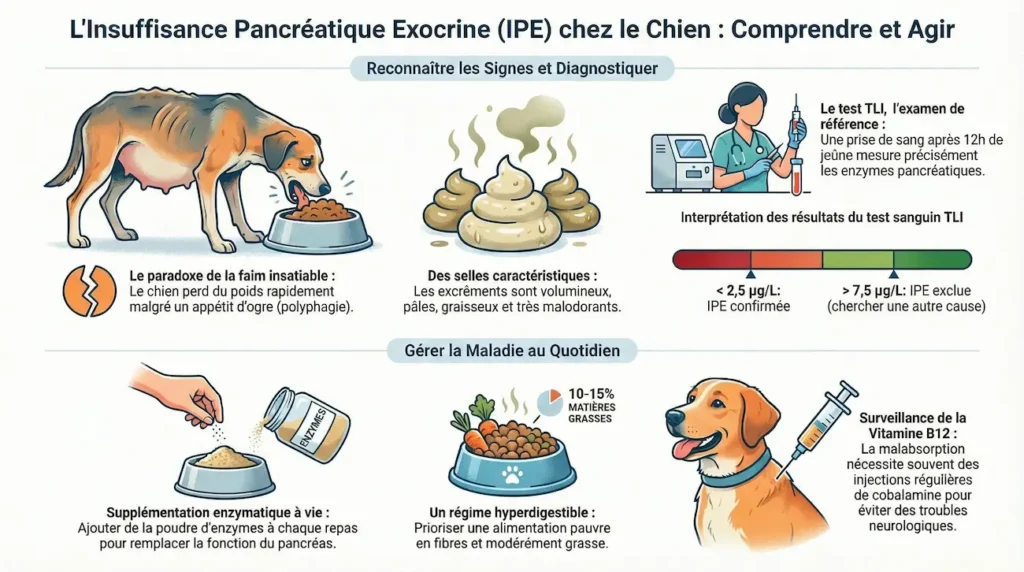 Infographie insuffisance pancréatique exocrine chien présentant signes cliniques, diagnostic par test TLI et prise en charge quotidienne