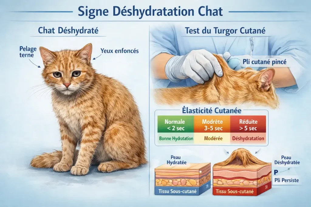 Infographie du test du pli de peau chez le chat montrant les signes de déshydratation et l’évaluation de l’élasticité cutanée.