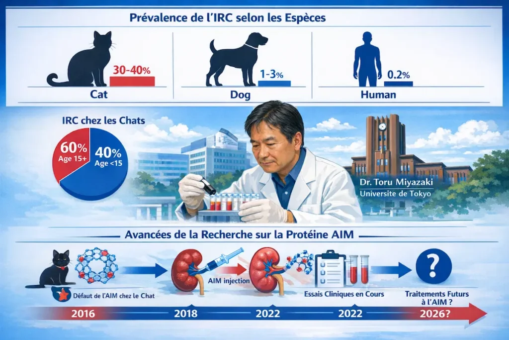 Infographie montrant la prévalence de l’IRC chez le chat, le chien et l’humain, ainsi que les avancées de la recherche sur la protéine AIM.