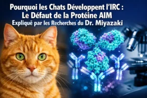 Illustration montrant un chat, une représentation moléculaire de la protéine AIM et un microscope, liée aux recherches sur l’insuffisance rénale chronique chez le chat.