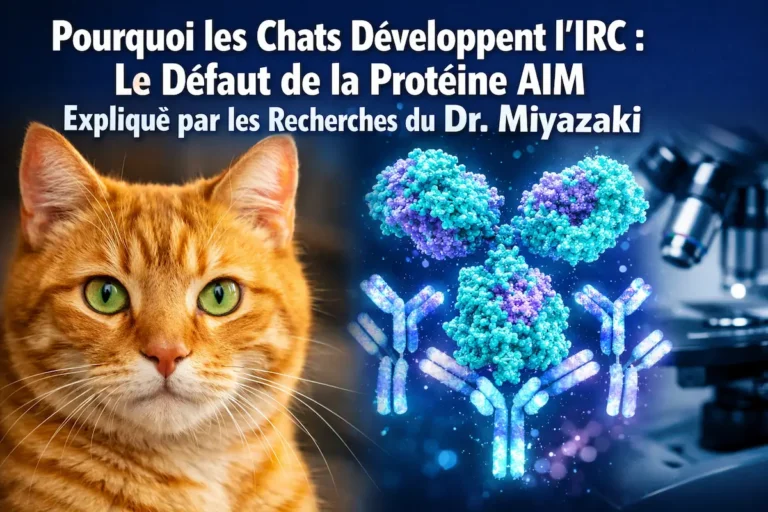 Illustration montrant un chat, une représentation moléculaire de la protéine AIM et un microscope, liée aux recherches sur l’insuffisance rénale chronique chez le chat.