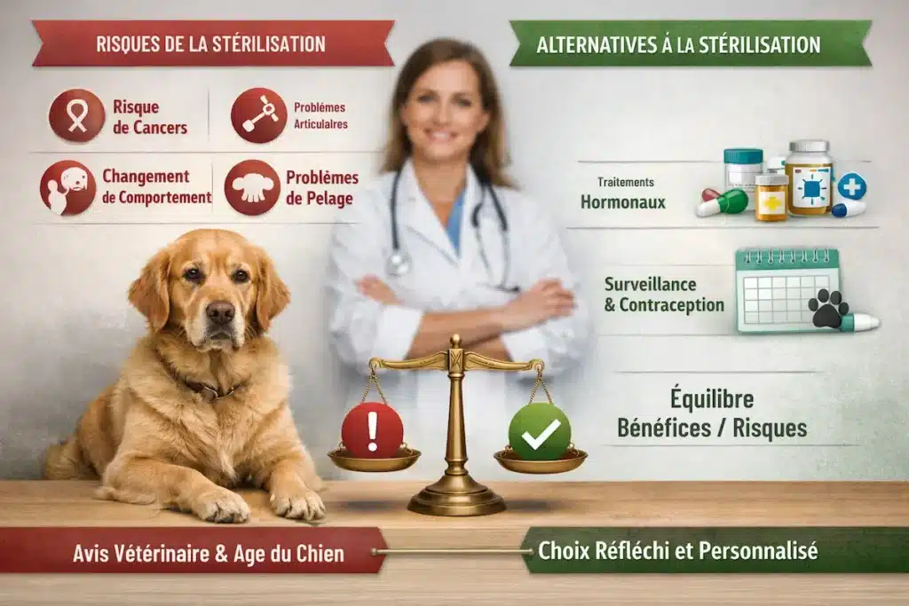 Infographie vétérinaire sur les effets secondaires de la stérilisation chez le chien, montrant les risques possibles et les alternatives à la stérilisation.