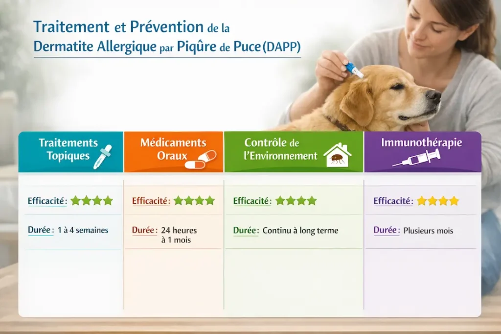 Infographie présentant le traitement de la dermatite allergique à la piqûre de puce chez le chien, avec traitements topiques, médicaments oraux, contrôle de l’environnement et immunothérapie.