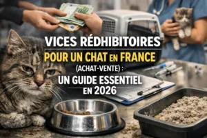 Chat dans un contexte de vente avec échange d’argent et matériel vétérinaire, illustrant les vices rédhibitoires chez le chat en France.