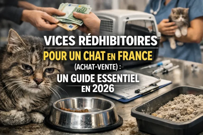 Chat dans un contexte de vente avec échange d’argent et matériel vétérinaire, illustrant les vices rédhibitoires chez le chat en France.