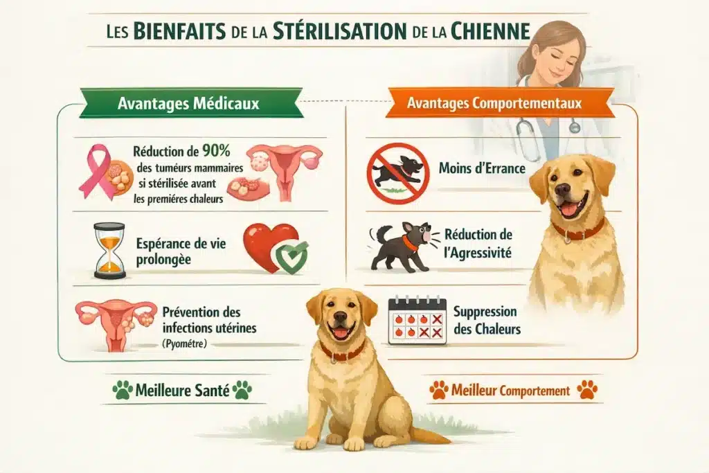 Infographie présentant les avantages de la stérilisation de la chienne sur la santé et le comportement.