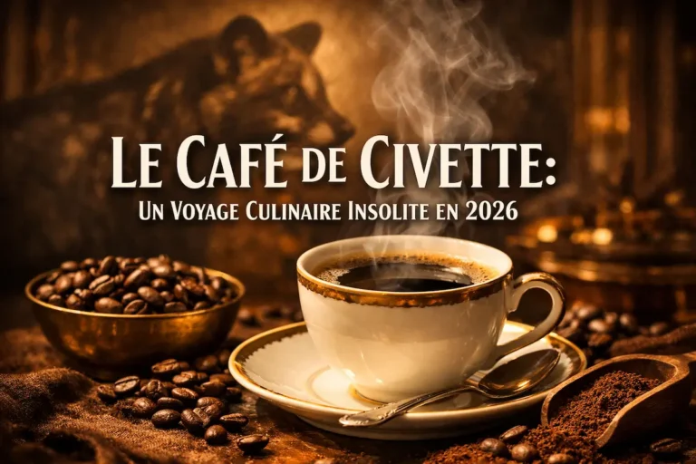 Illustration du café de civette avec une tasse de café fumante, des grains de café et la silhouette d’une civette en arrière-plan.