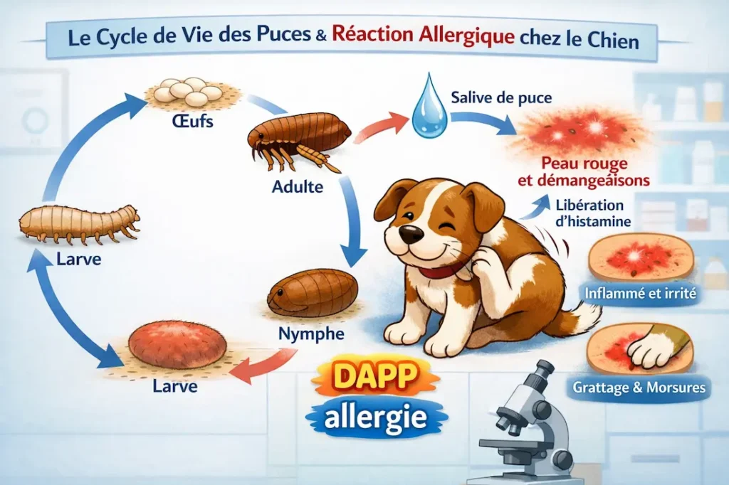 Infographie montrant le cycle de vie de la puce et la réaction allergique DAPP chez le chien, avec œufs, larve, nymphe, adulte et symptômes cutanés.
