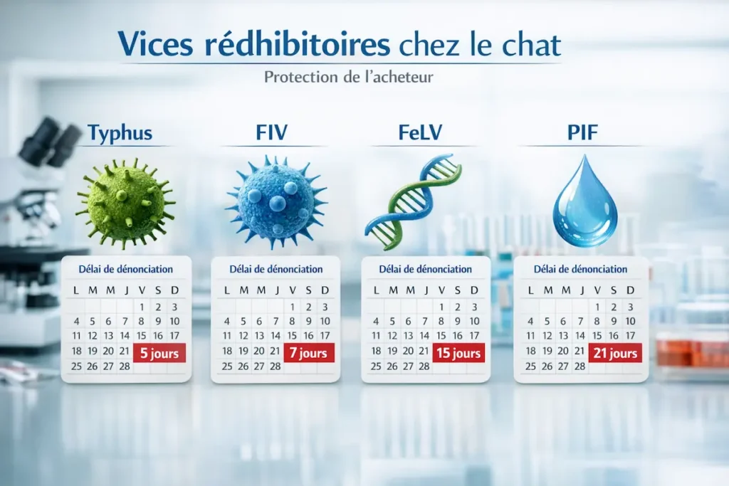 Infographie présentant les délais de suspicion pour les vices rédhibitoires chez le chat, avec typhus, FIV, FeLV et PIF.