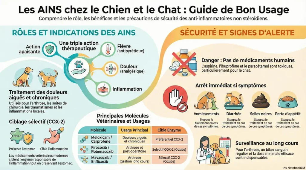 Infographie sur les anti-inflammatoires non stéroïdiens vétérinaires chez le chien et le chat, incluant rôles, indications, molécules, sécurité et signes d’alerte.