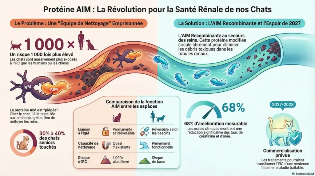 Infographie expliquant les rôles de la protéine AIM dans la santé rénale du chat, la différence de fonctionnement entre espèces et les pistes thérapeutiques.