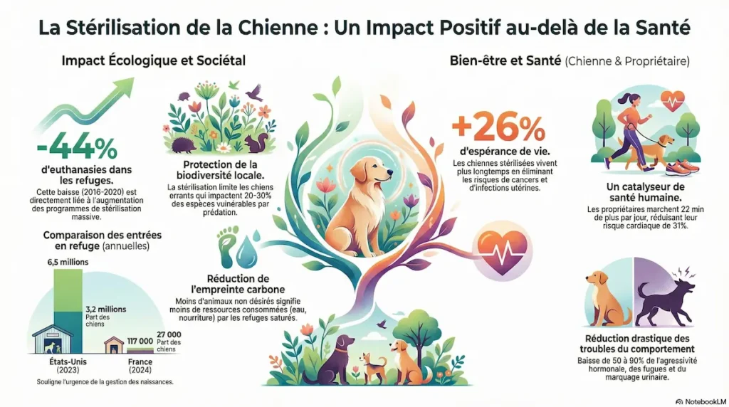Infographie sur l’impact positif de la stérilisation de la chienne sur la santé, le comportement et la société.